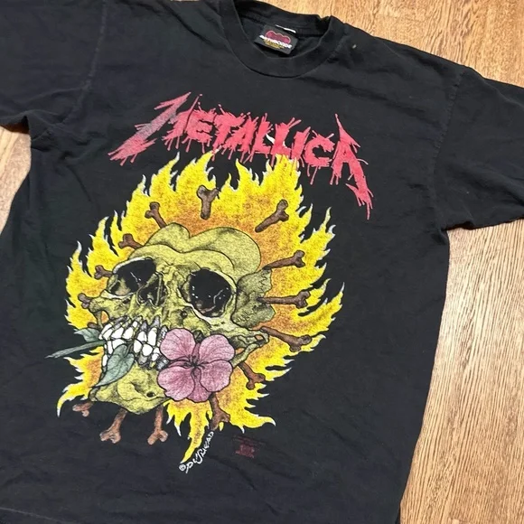 Vintage 90s Metallica Pushead Flaming Skull Heart Artimonde T Shirt Mens XL - Picture 2 of 16